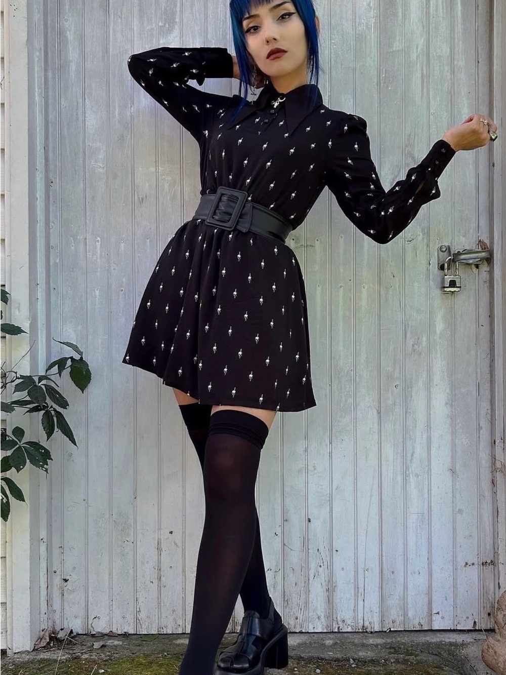 Killstar Wednesday Collection Black Mini Dress with White Skull Pattern - Picture 4 of 4